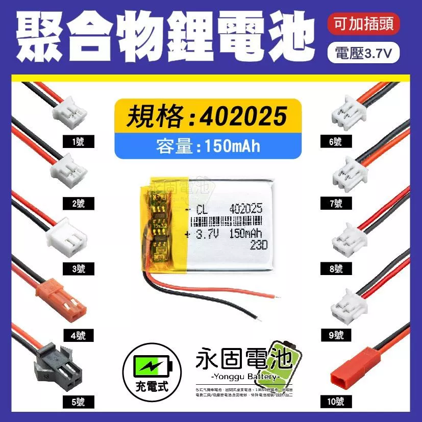 「永固電池」聚合物 402025 鋰電池 3.7V 可充電 藍芽耳機 行車紀錄器 聚合物鋰電池 大容量 可加插頭
