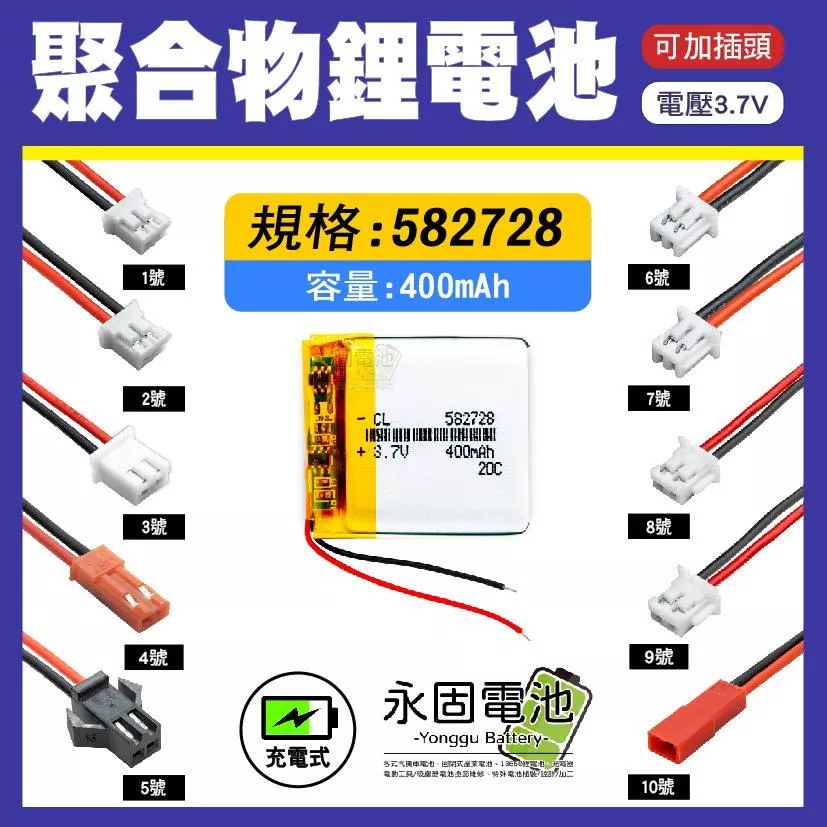 「永固電池」聚合物 582728 鋰電池 3.7V 可充電 藍芽耳機 行車紀錄器 聚合物鋰電池 大容量 可加插頭