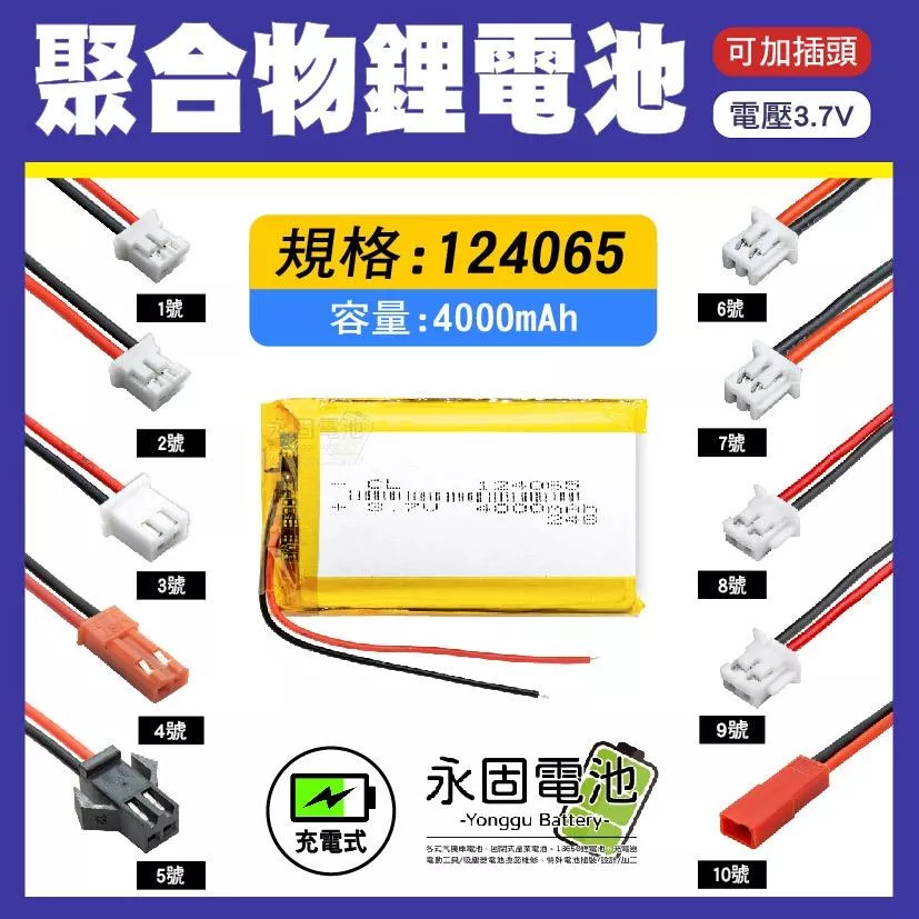 「永固電池」聚合物 124065 鋰電池 3.7V 可充電 藍芽耳機 行車紀錄器 聚合物鋰電池 大容量 可加插頭