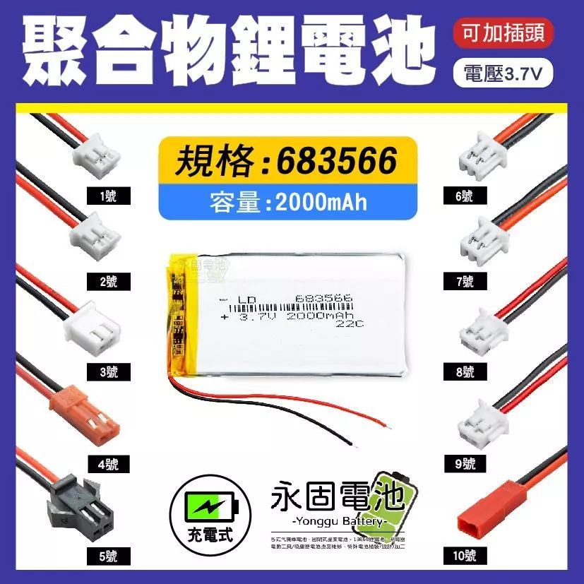 「永固電池」聚合物 683566 鋰電池 3.7V 可充電 藍芽耳機 行車紀錄器 聚合物鋰電池 大容量 可加插頭