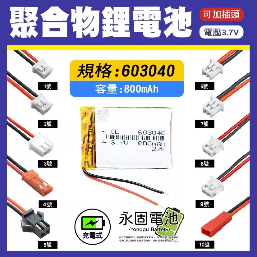 「永固電池」聚合物 603040 鋰電池 3.7V 可充電 藍芽耳機 行車紀錄器 聚合物鋰電池 大容量 可加插頭