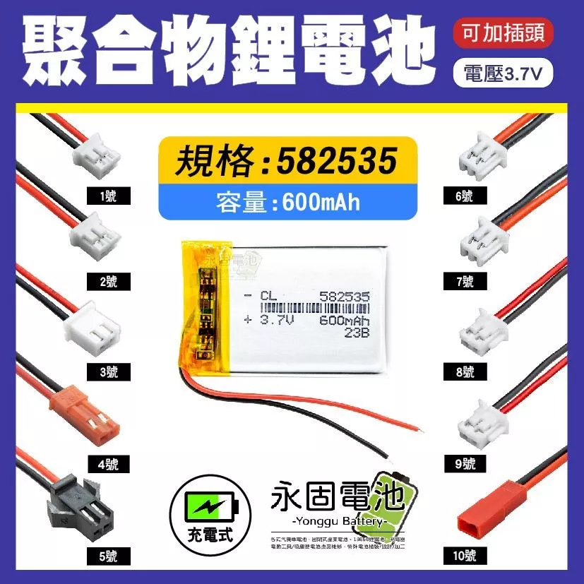 「永固電池」聚合物 582535 鋰電池 3.7V 可充電 藍芽耳機 行車紀錄器 聚合物鋰電池 大容量 可加插頭