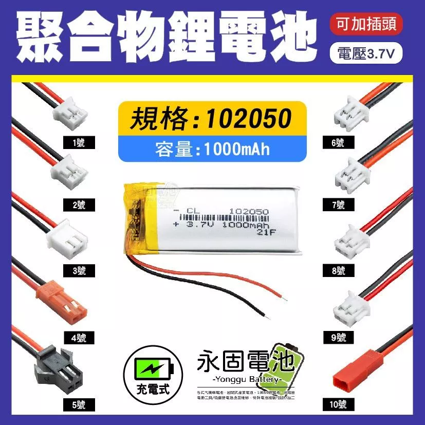 「永固電池」聚合物 102050 鋰電池 3.7V 可充電 藍芽耳機 行車紀錄器 聚合物鋰電池 大容量 可加插頭