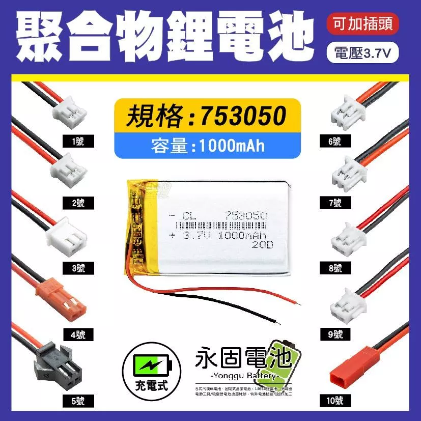 「永固電池」聚合物 753050 鋰電池 3.7V 可充電 藍芽耳機 行車紀錄器 聚合物鋰電池 大容量 可加插頭