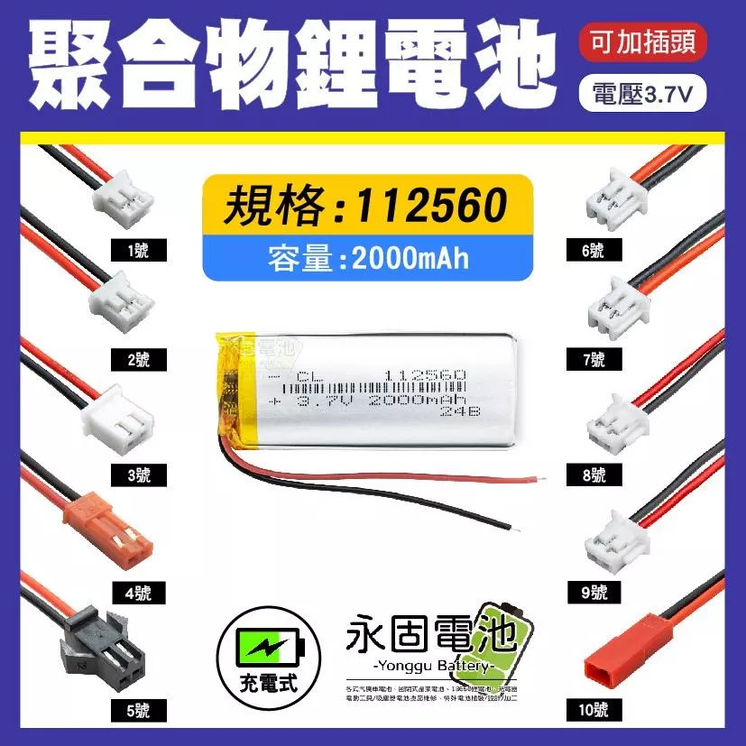 「永固電池」聚合物 112560 鋰電池 3.7V 可充電 藍芽耳機 行車紀錄器 聚合物鋰電池 大容量 可加插頭