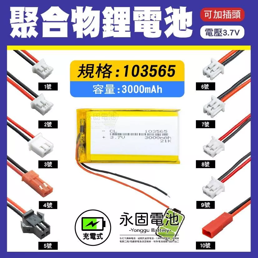 「永固電池」聚合物 103565 鋰電池 3.7V 可充電 藍芽耳機 行車紀錄器 鋰聚 聚合物鋰電池 大容量 可加插頭