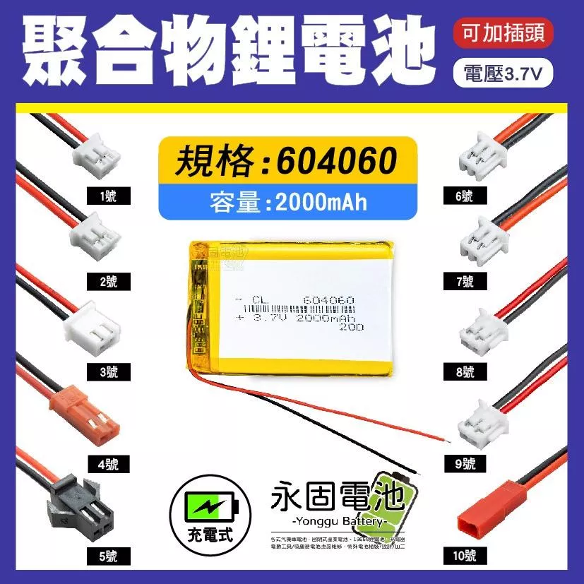 「永固電池」聚合物 604060 鋰電池 3.7V 可充電 藍芽耳機 行車紀錄器 聚合物鋰電池 大容量 可加插頭