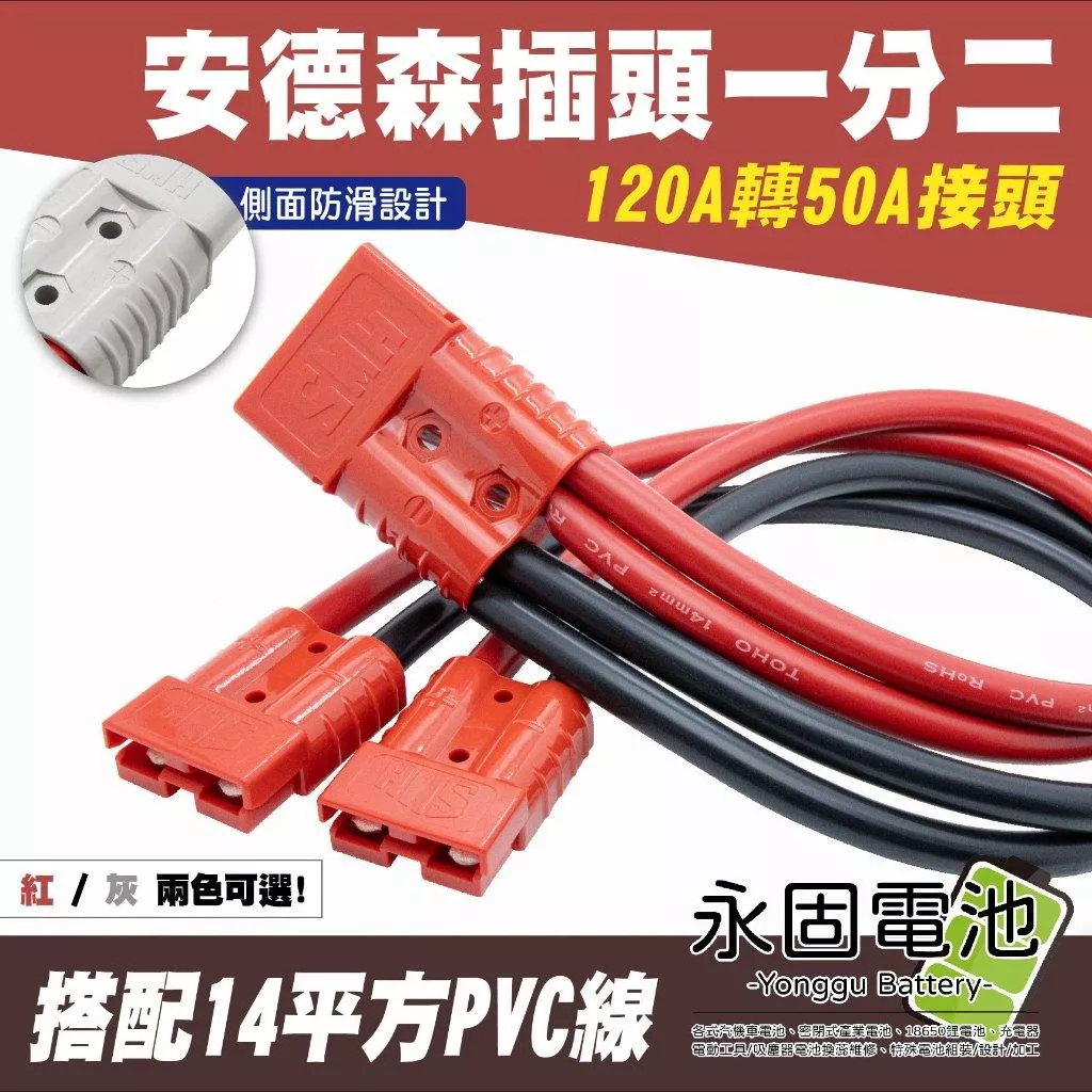 「永固電池」安德森插頭 一分二 120A 轉 50A 大電流快拆接頭 14平方線 逆變器插頭 安德森插頭 防呆反接保護