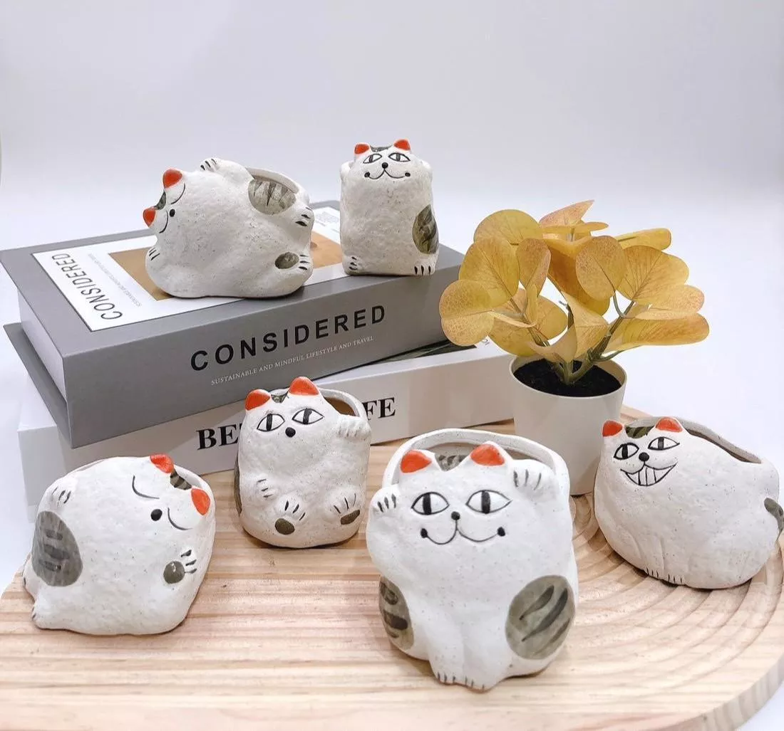 【滿額免運】迷你慵懶貓 可愛風 生活家飾 陶盆 蘭花盆 多肉花盆 仙人掌花盆 陶瓷花盆 小盆栽 盆器  綜一園藝