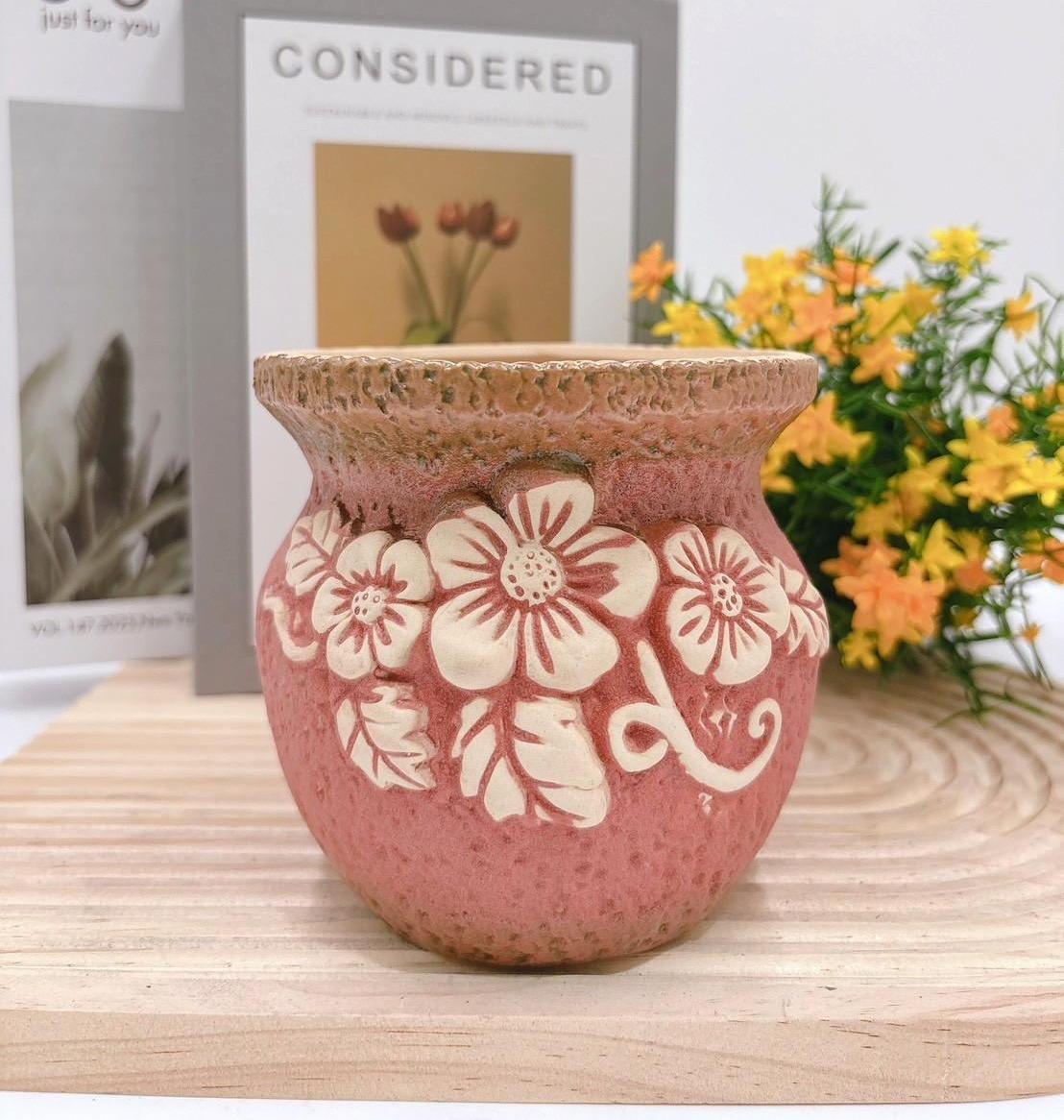 【滿額免運】粉戀花卉盆 粗陶 圓盆 生活家飾 陶盆 蘭花盆 多肉花盆 仙人掌花盆 陶瓷花盆 小盆栽 盆器  綜一園藝