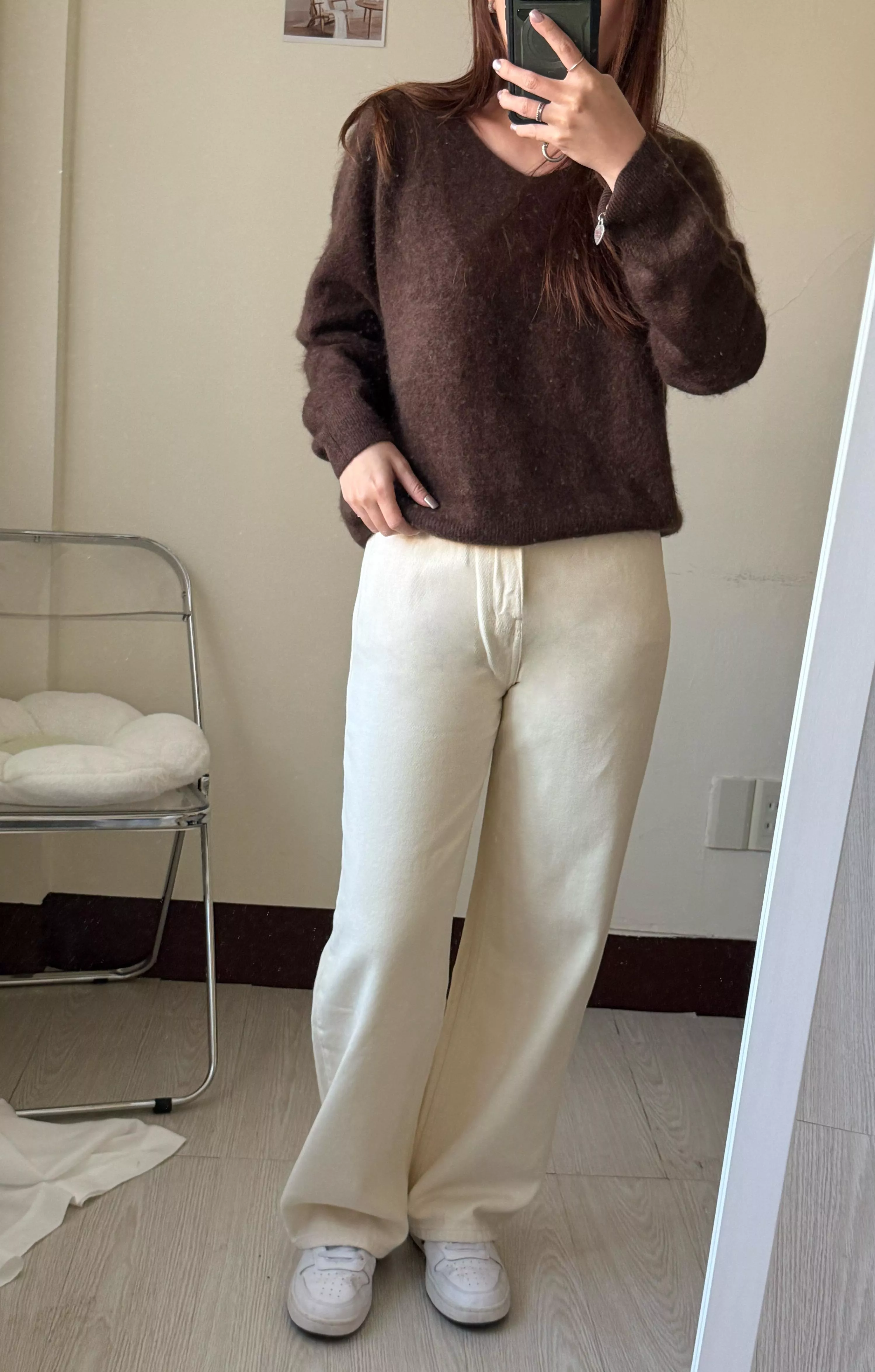 內刷絨直筒牛仔褲 白/墨綠/深棕色