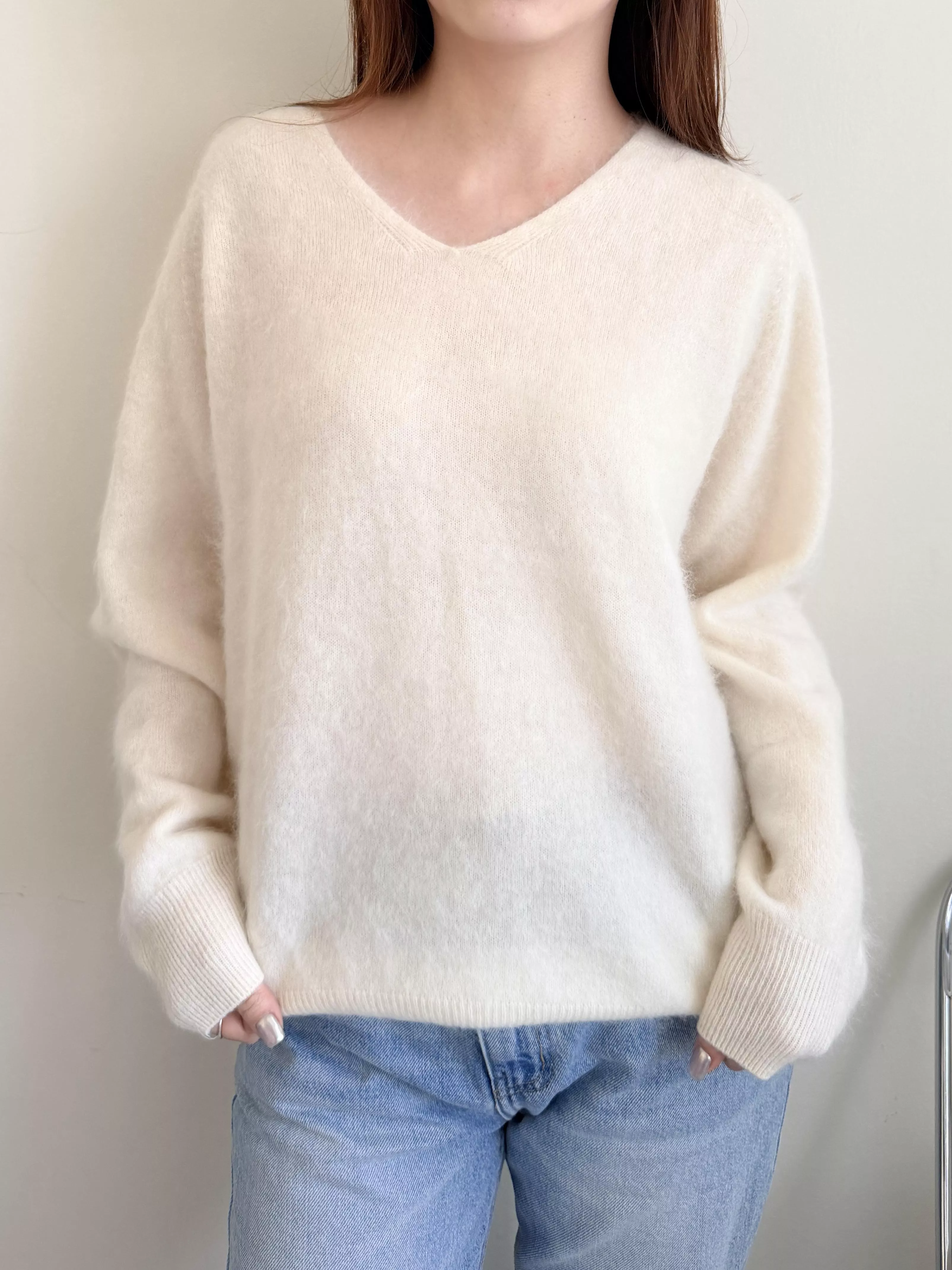 Cashmere無接縫V領針織衫 白/棕色