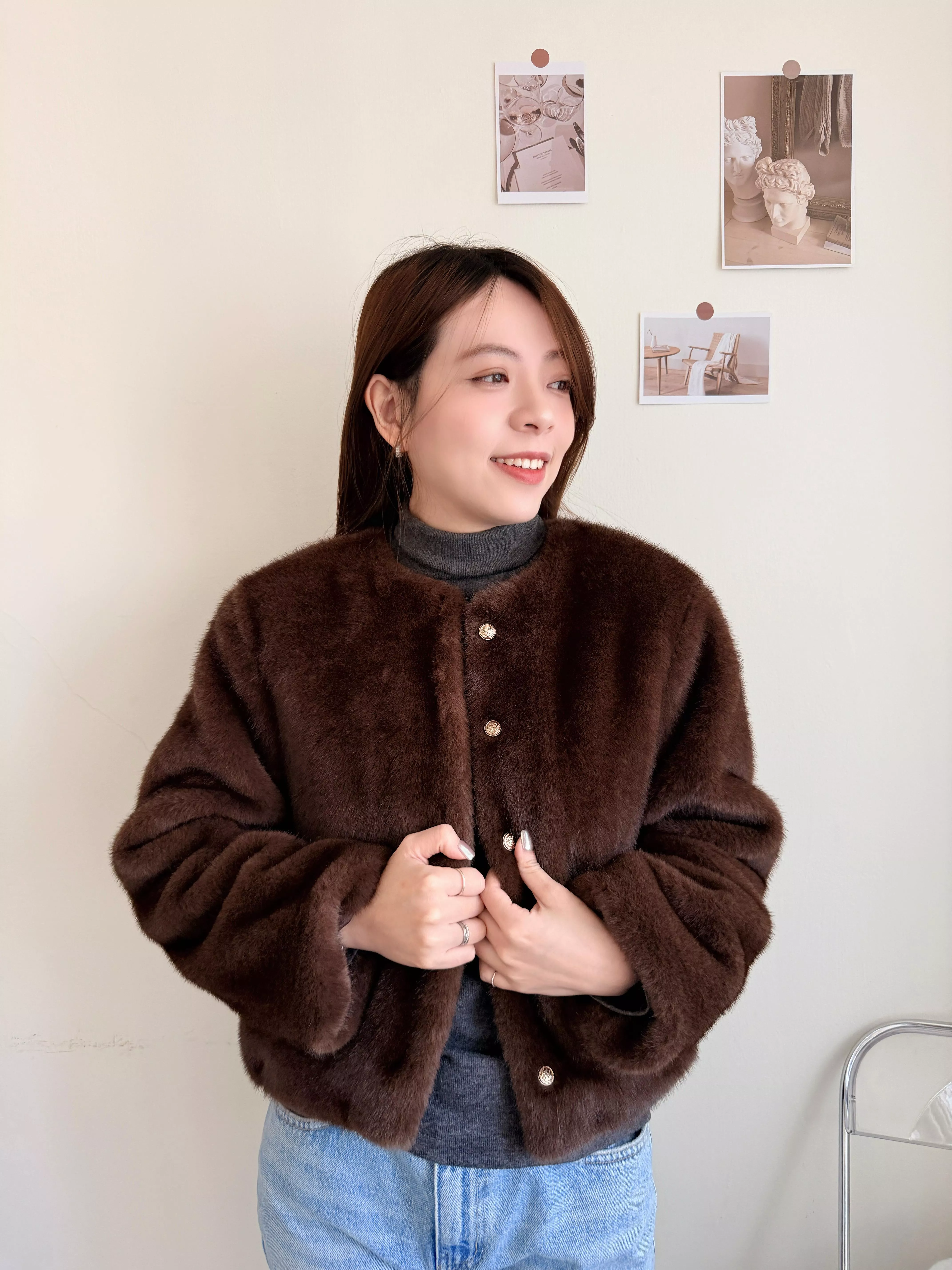 奶油雲朵絨毛外套 白/棕色