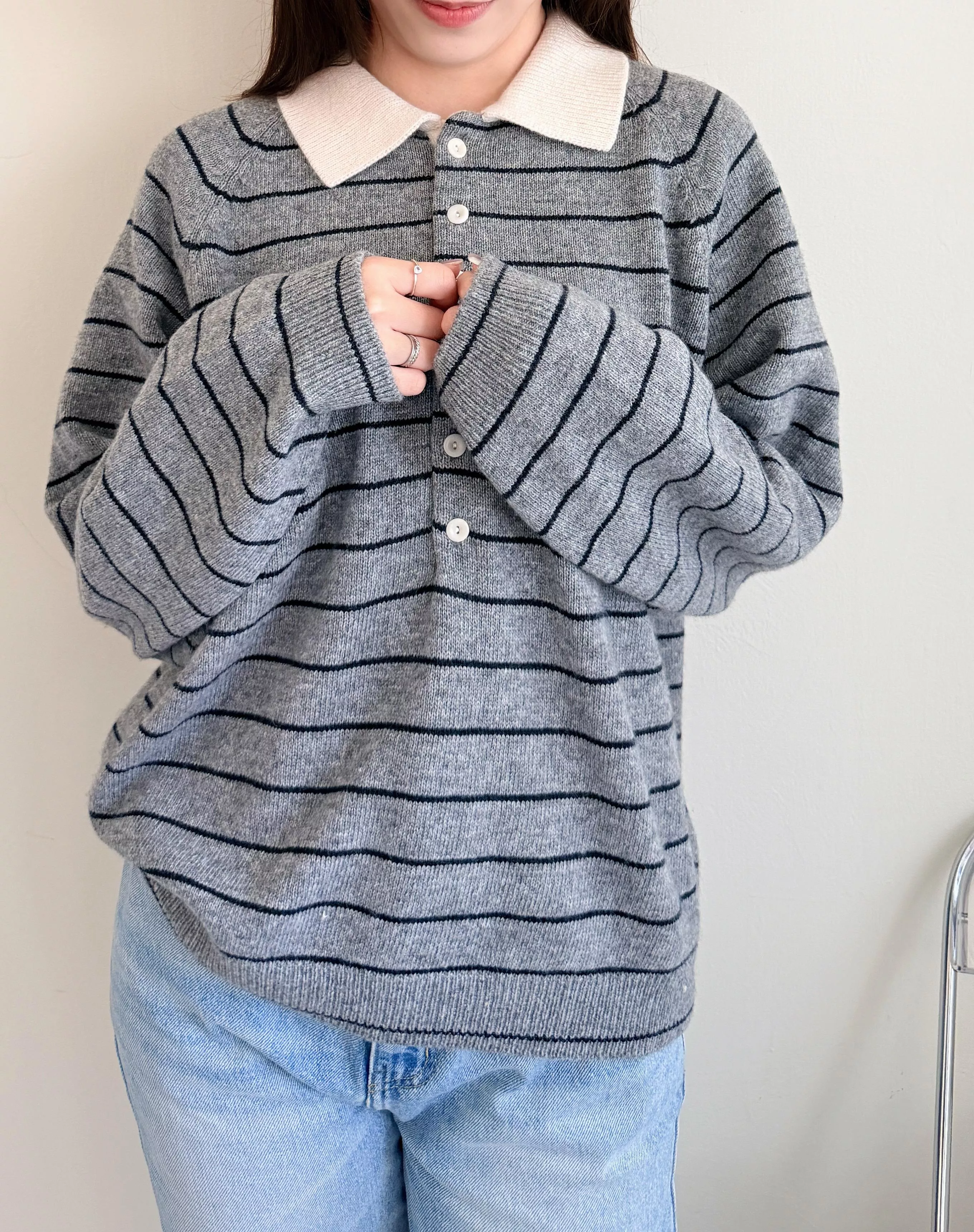 經典條紋POLO針織衫 灰/白/酒紅色