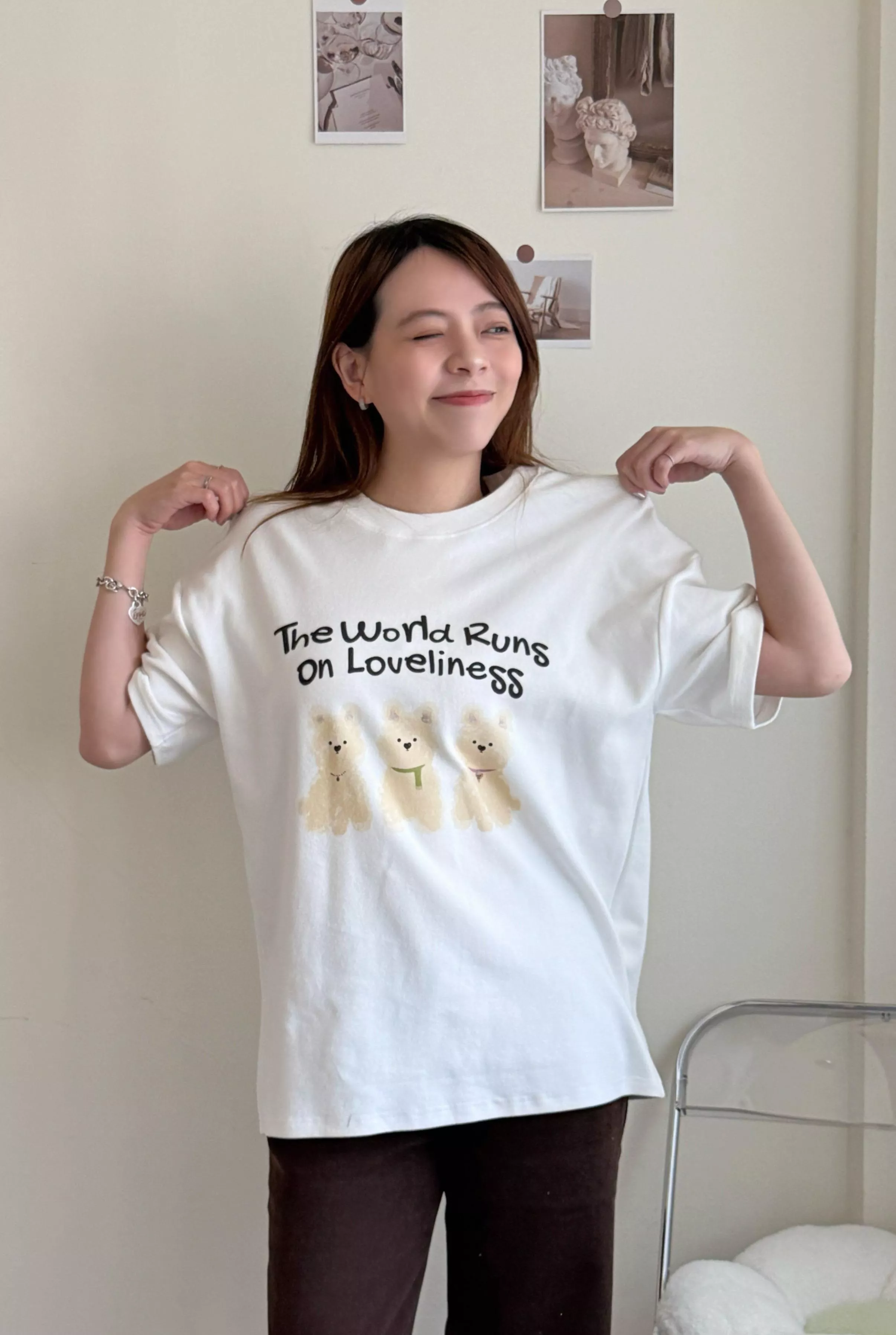 熊熊圓領棉T 白/燕麥色