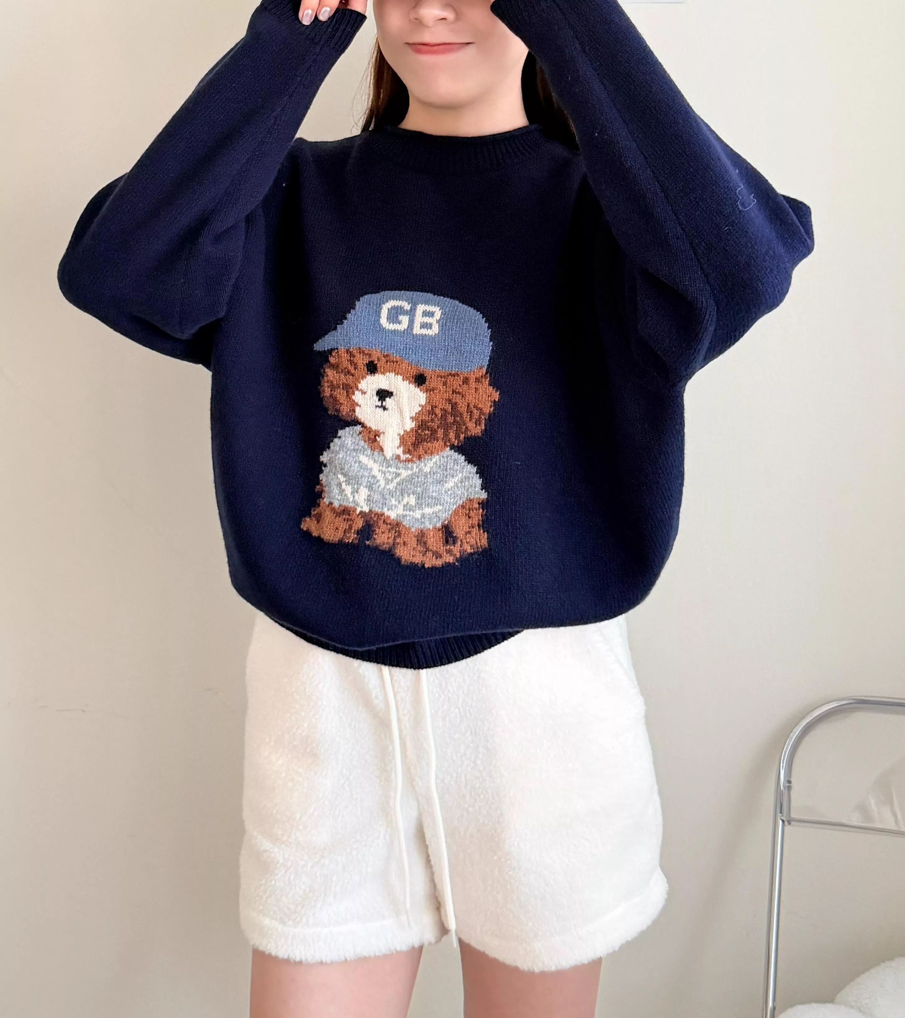 預購中 可愛棒球帽狗狗針織衫 藍/酒紅色