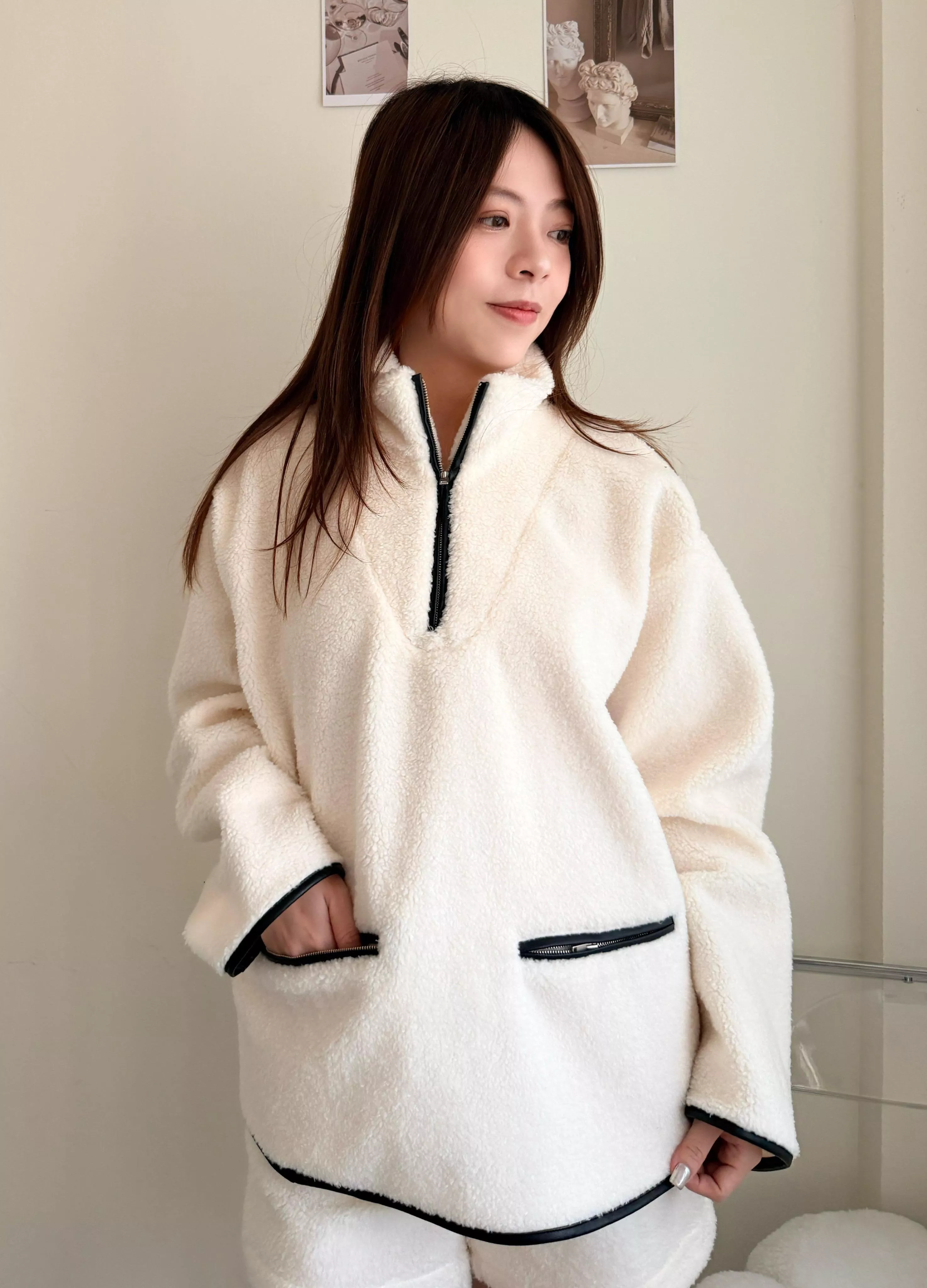 半拉鏈造型上衣套裝組 白/淺綠