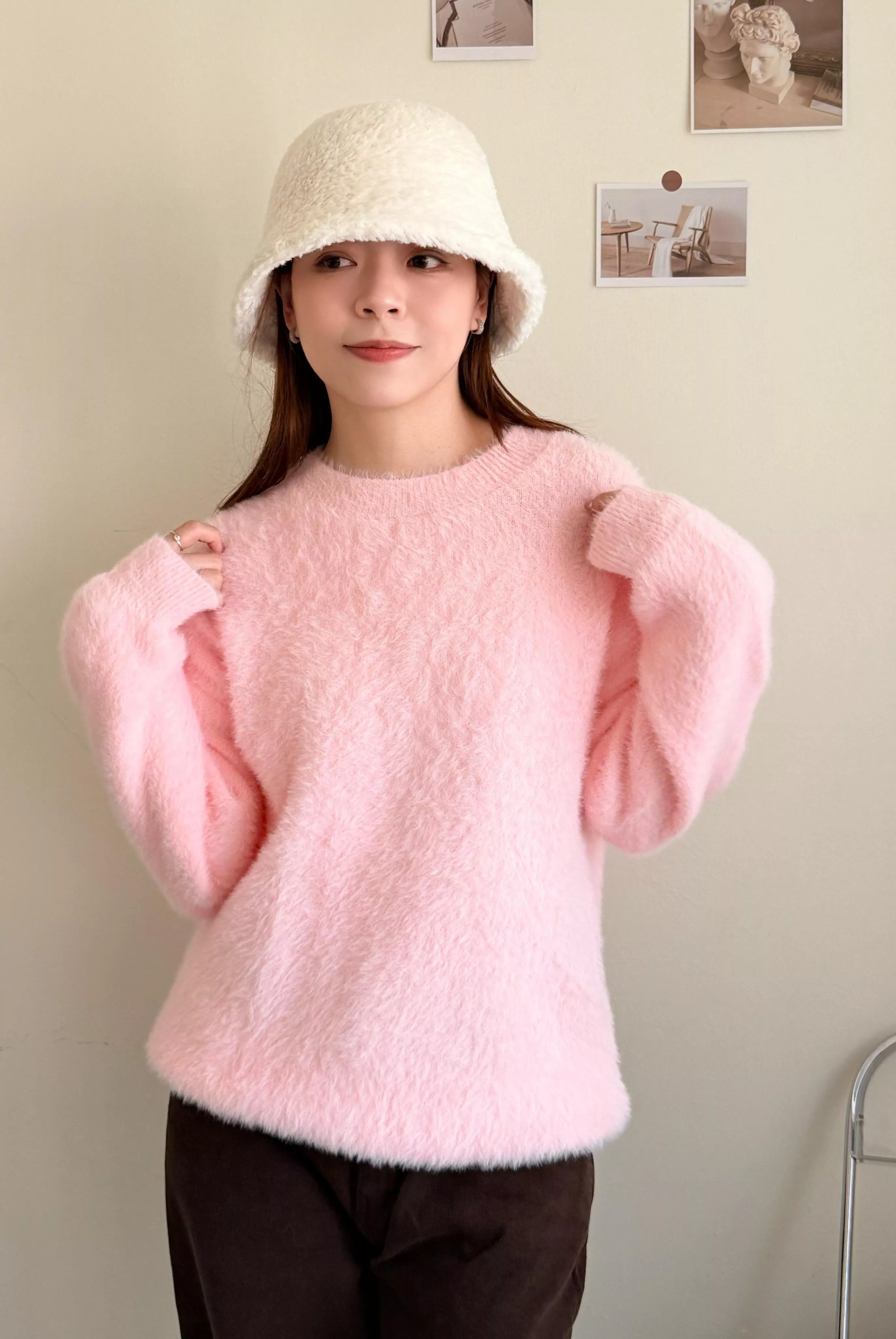 圓領柔軟針織毛衣 奶油白/粉色