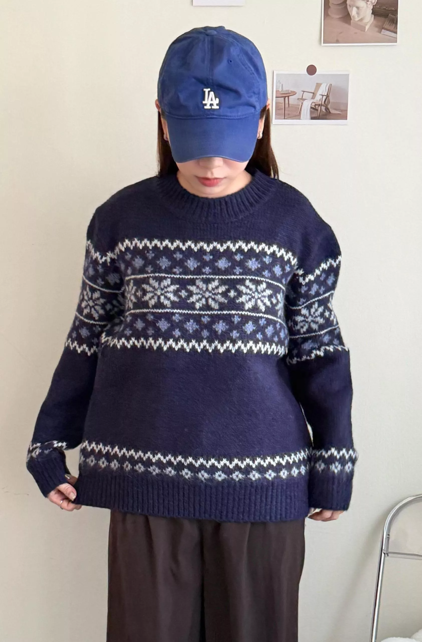 北歐風雪花圖騰針織毛衣 藍/棕色