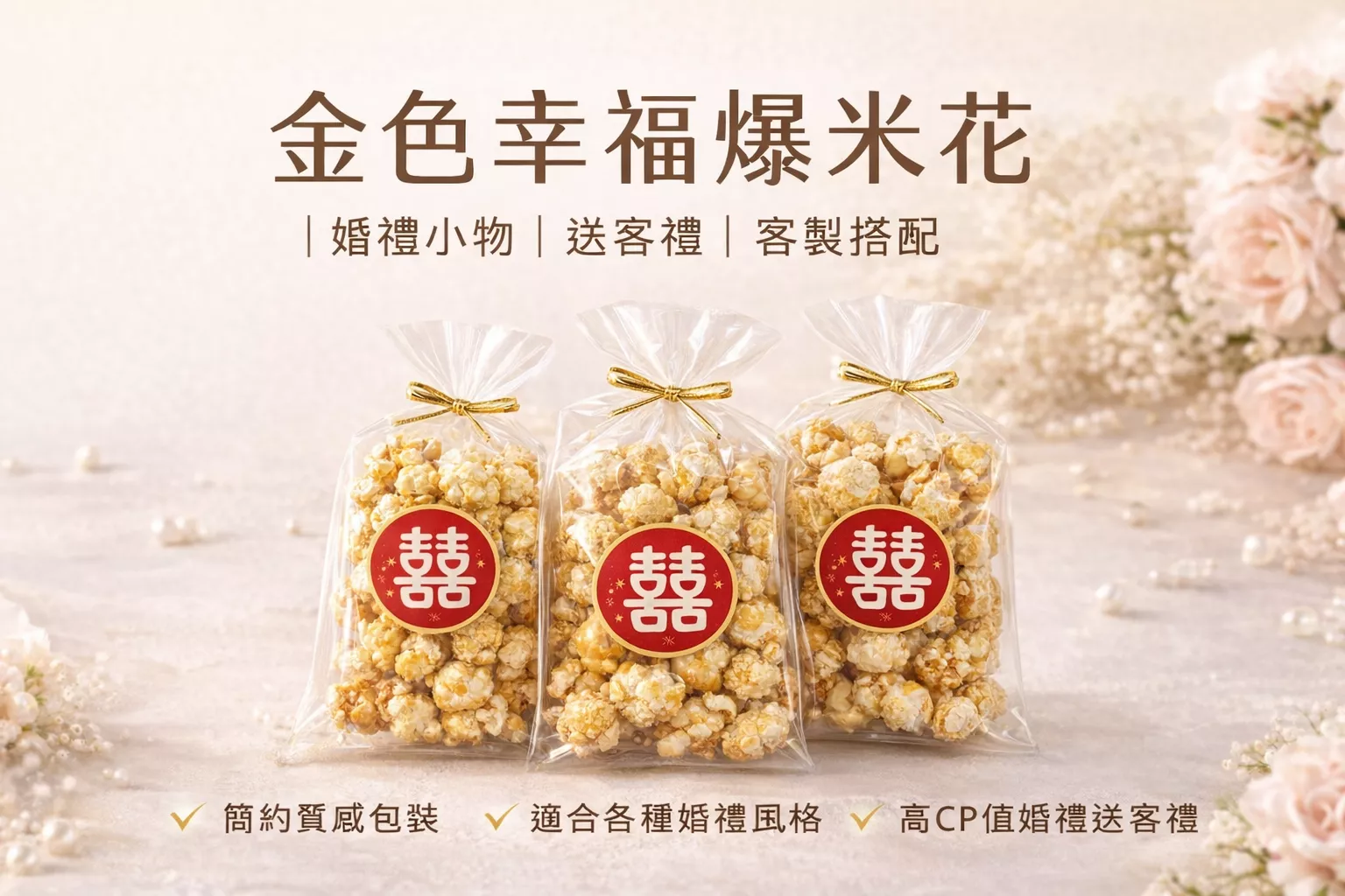 簡約分享款✨ 金色幸福爆米花｜婚禮小物｜送客禮｜客制