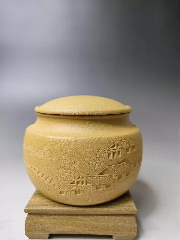 紫壺茗閣 宜興紫砂 茶倉 黃金段億江南  高8.1公分 上寬8.1