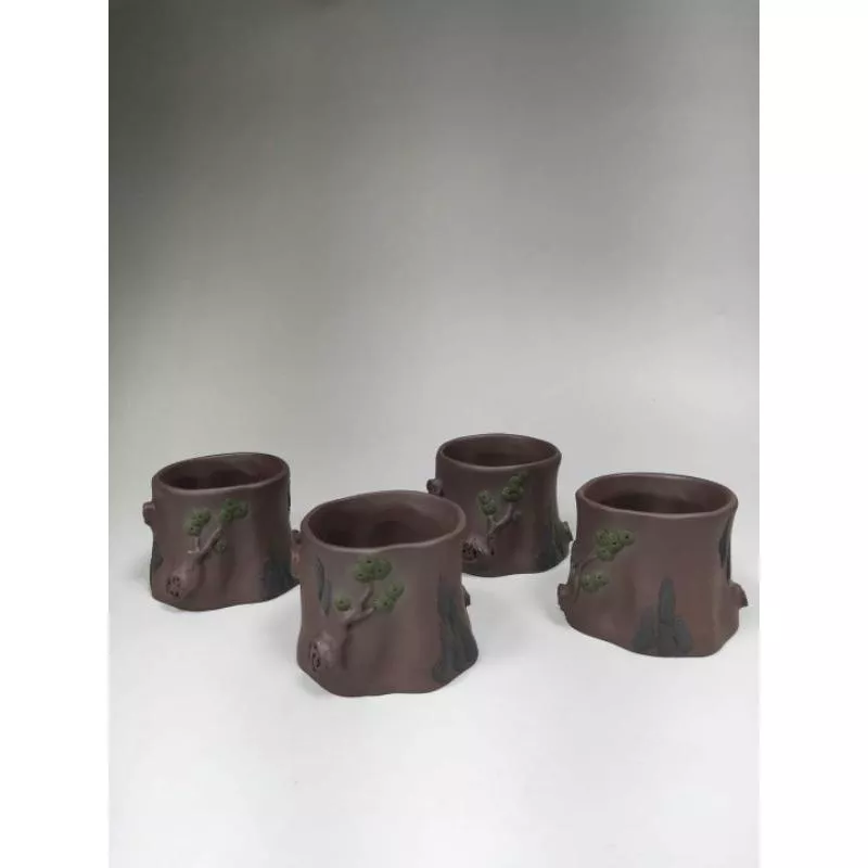 宜興紫砂 樹樁杯 紫泥80cc 4杯