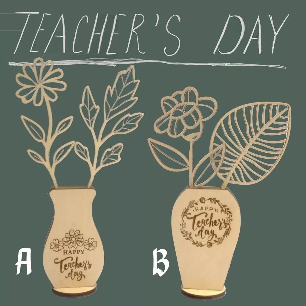 教師節 / 老師節 /  畢業禮 / 謝師宴禮物 - 雷射切割小花瓶擺設與花形木片，表達您對老師的感激之情！可客製化