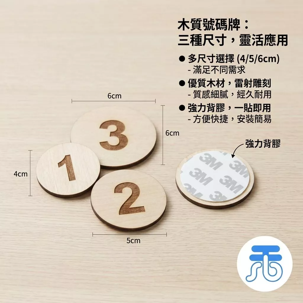 木製號碼貼片(附背膠) 商品標示牌 市集擺攤 餐廳桌號編號 3/4/5cm 雷射雕刻 可客製 Logo