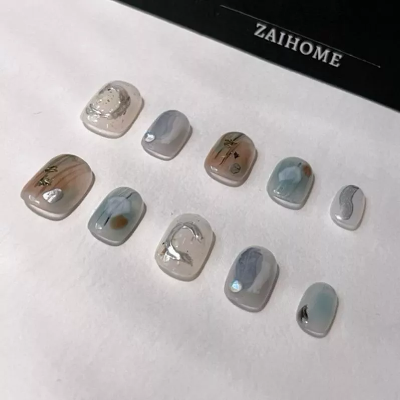 現貨 |  隔日到貨【蕩漾-61】短方圓 原創暈染魔鏡粉 ins湖綠焦糖清冷色水墨暈染穿戴甲