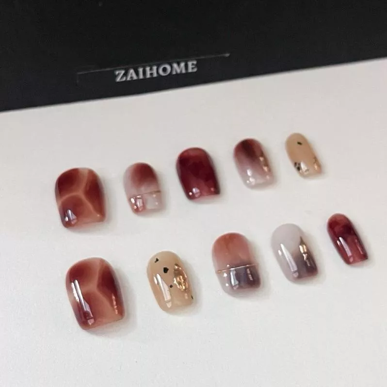 現貨| 隔日到貨【落日-33】新短方 秋冬美甲 美拉德色系 | 焦糖 金屬暈染 穿戴甲 純手工穿戴甲