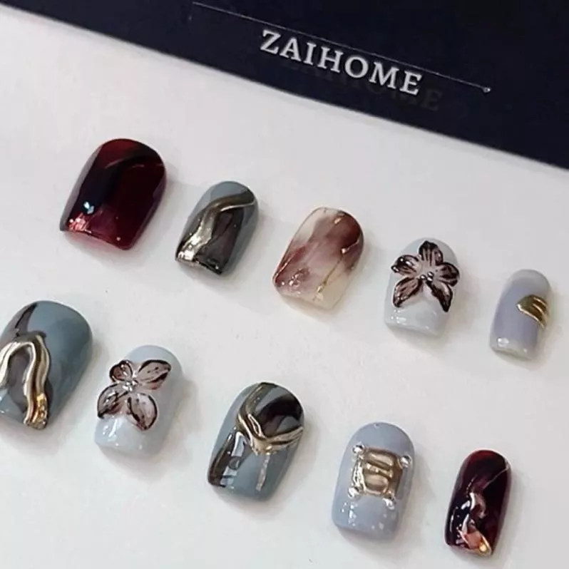 現貨+預購 | 【古色-59】新短方 韓系冷淡風 手作美甲 灰藍金屬 磨金粉 顯白 高級感 假指甲