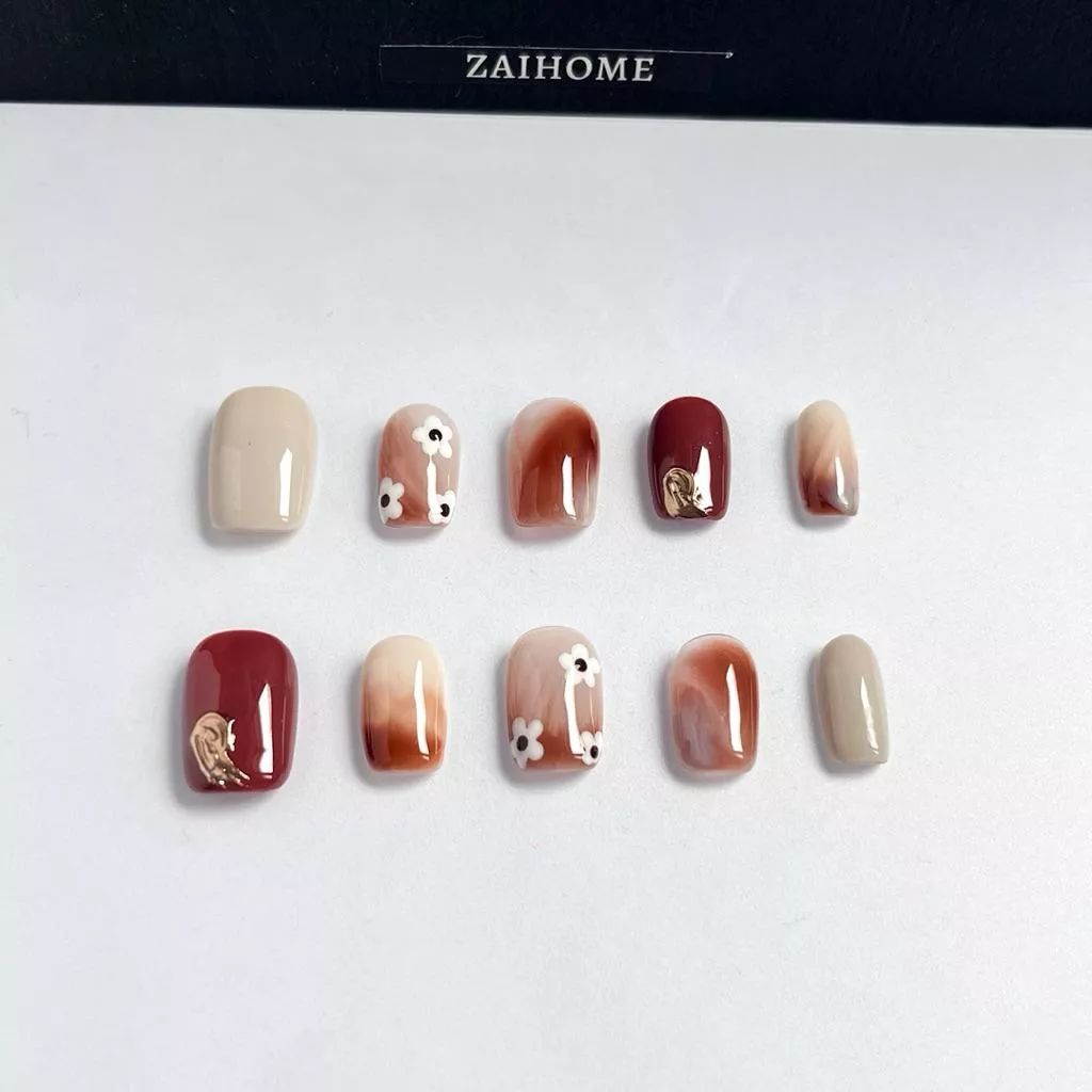 現貨｜隔日到貨【奶昔-67】紅棕暈染 立體金屬 復古 個性 顯白 台灣純手工穿戴甲 美甲貼片 XS S M