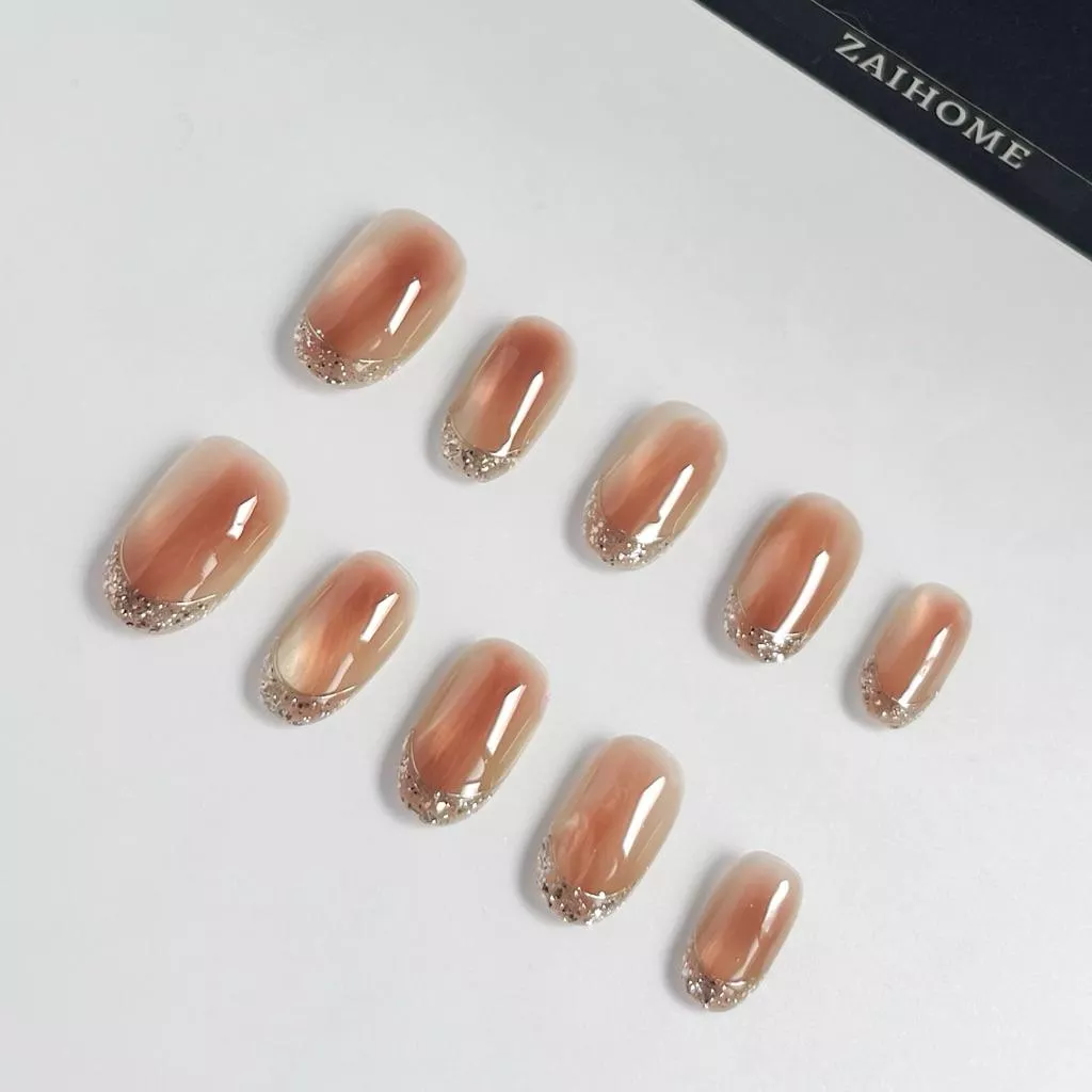 現貨｜隔日到貨【磨金琥珀-70】中橢圓 法式漸層 閃粉 棕色調 磨金粉 顯白 台灣純手工穿戴甲 美甲貼片 XS S M