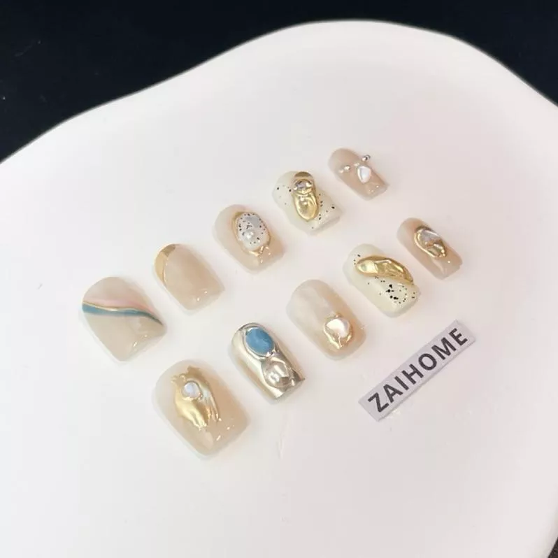 現貨 | 隔日到貨【貝母之戀-25】新短方 手工手繪| 貝殼美甲 ins風短甲穿戴甲 純手工穿戴甲