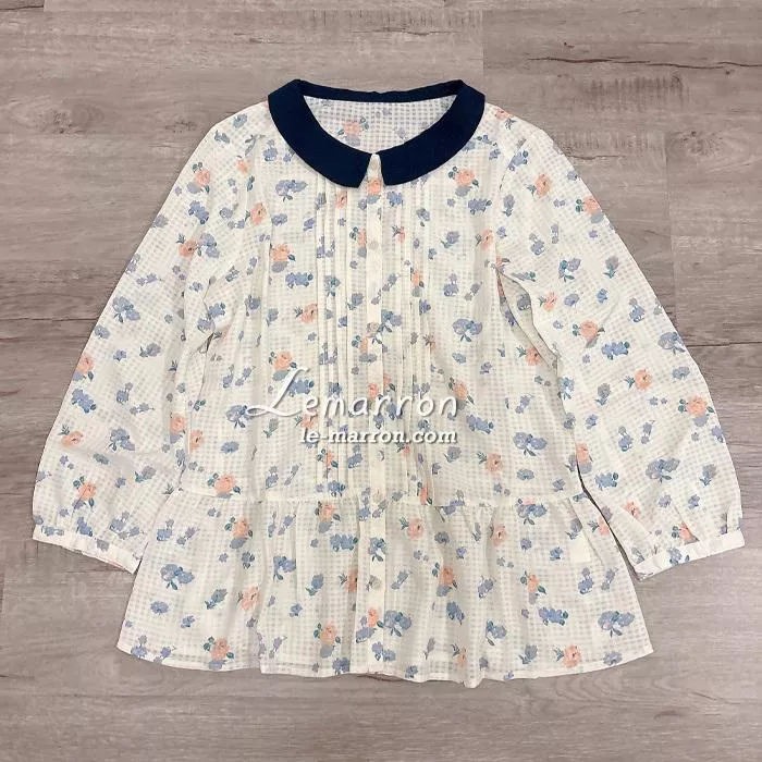 現貨│日系甜美❥淡奶黃優雅印花 微透感雪紡娃娃衫 娃娃領七分袖襯衫#4105特價