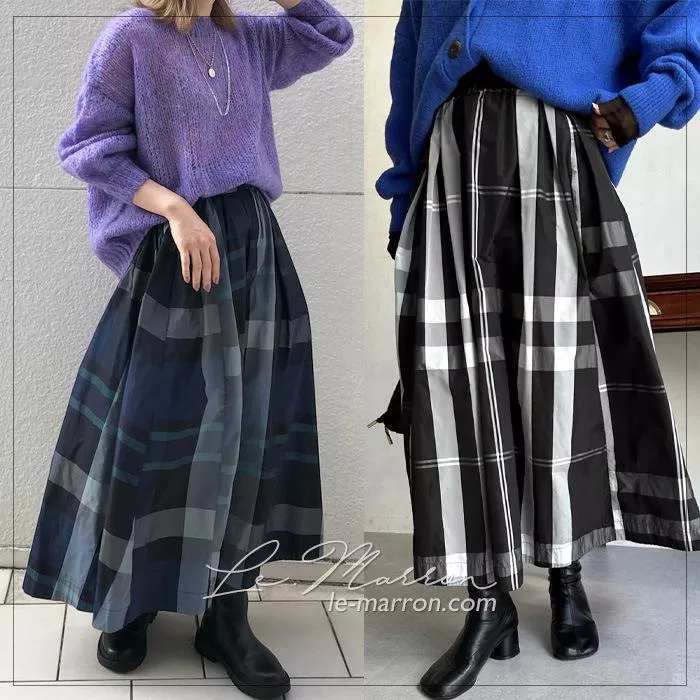 現貨│日單 高級感格紋長裙 柔滑觸感 鬆緊腰圍 四季可穿#4447特價