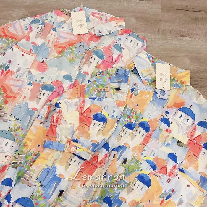 異域度假風♥͓̽水彩畫感🐳地中海建築印花✈寬鬆版短袖襯衫G1225現貨+預購