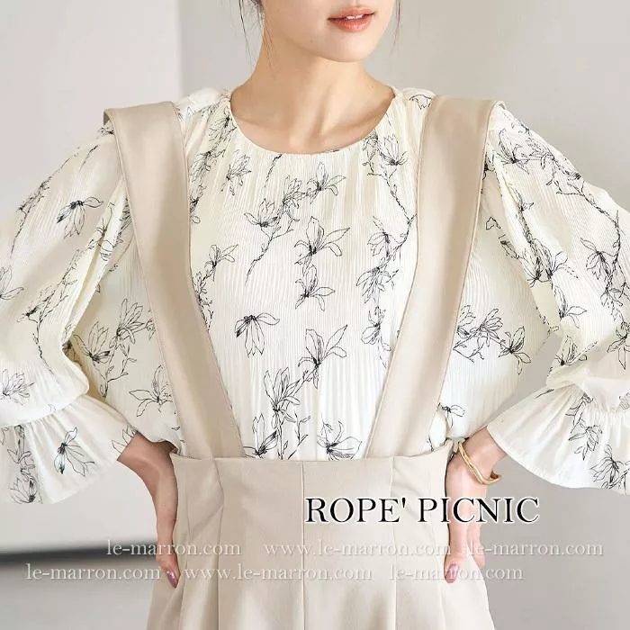 現貨│日單ROPE PICNIC 線性手繪感花朵印花Majolica細褶紋雪紡襯衫#4375