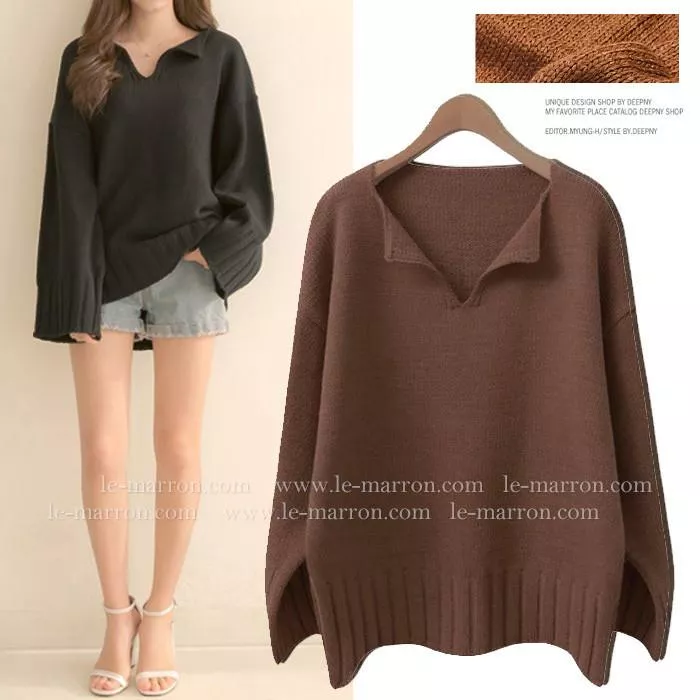 現貨│韓製 濃系復古咖色寬袖子 V領寬鬆毛衣 厚實感針織#4125