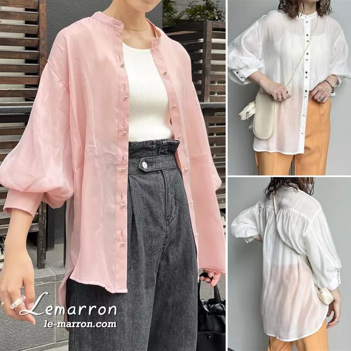 現貨│日單CPCM 個性♡淑女 微微珠光感 蓬蓬袖微透上衣 單排釦寬鬆襯衫4339特價