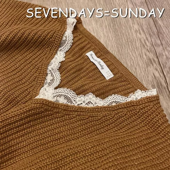 現貨│日單 SEVENDAYS=SUNDAY 蕾絲拼接V領 簡約焦糖色毛衣 寬鬆版長袖針織4356特價