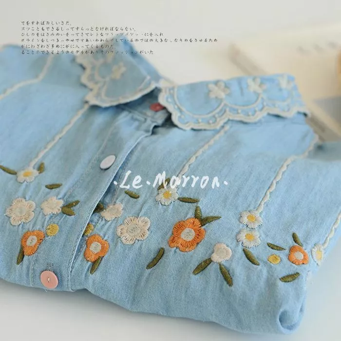 日系森女🌸甜美花朵刺繡 娃娃領牛仔襯衫#G1075預購