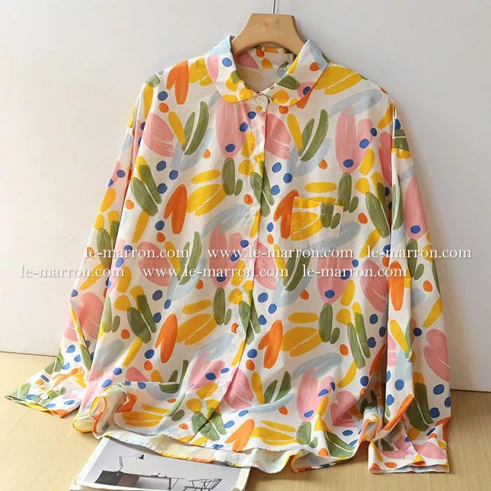 普普風幾何色彩塗鴉♡清新日系寬鬆長袖襯衫#G1148預購