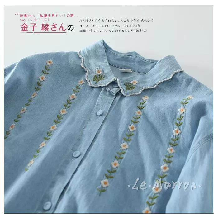 日系×森女♡清新感花邊領🍀雛菊刺繡牛仔襯衫G1158預購