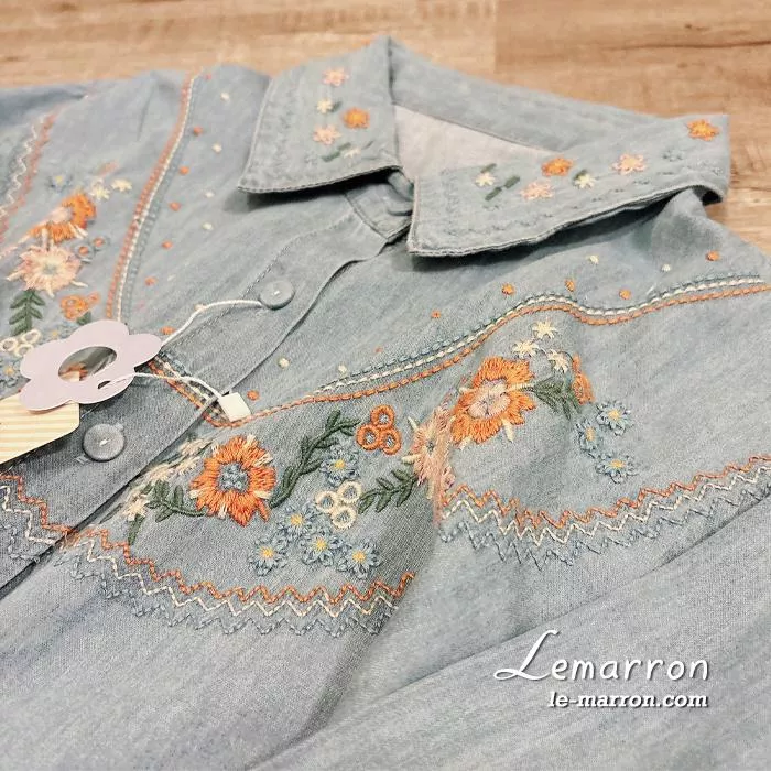 日系民族風 復古文藝紅花刺繡 水洗棉長袖牛仔襯衫#G1194預購