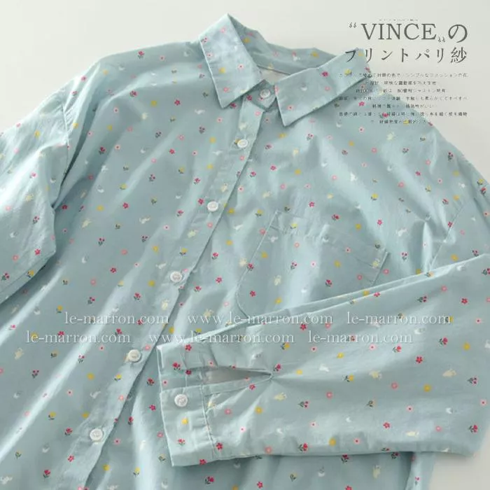 鹽系女孩清爽小碎花藍色襯衫 寬鬆版長袖上衣#G1196預購