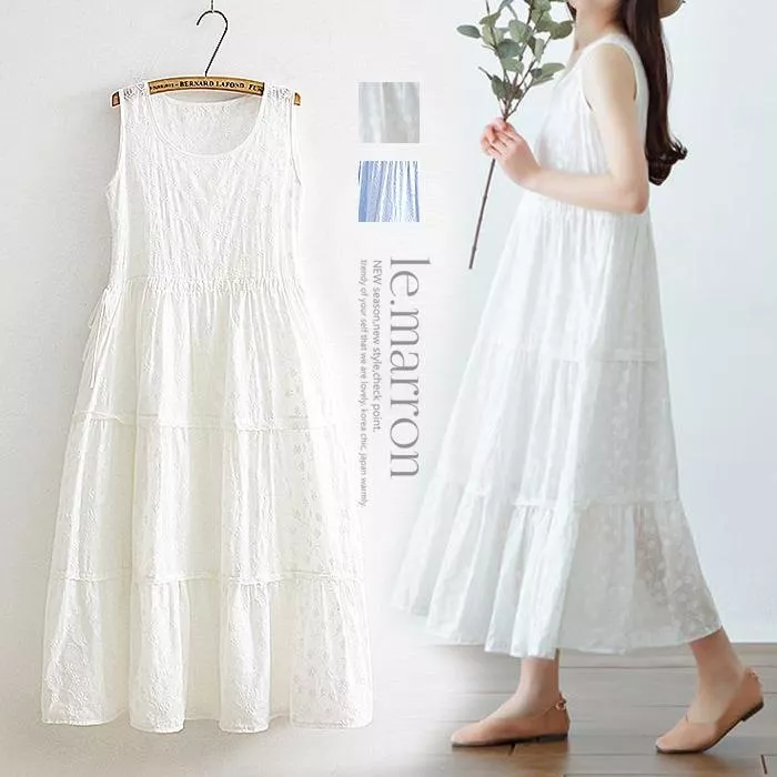 日系森女 重工刺繡花藝 仙女純白連身裙 腰圍繫帶修身 無袖洋裝背心裙G1202預購