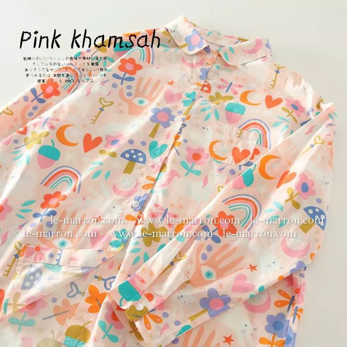 法蒂瑪之手 Hamsa × Pink 粉紅花朵印花 寬鬆版長袖襯衫#G1213預購