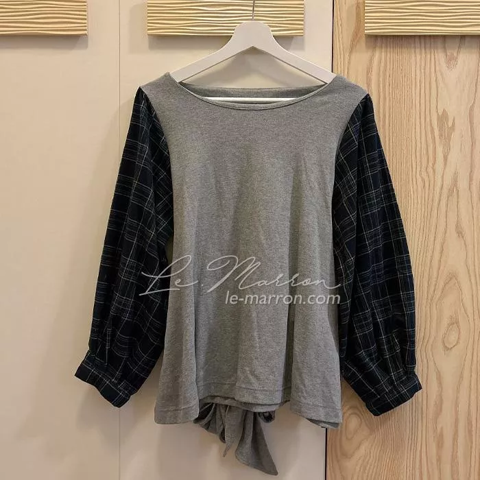 現貨│e hyphen world gallery 台灣outlet 異素材拼接 英倫風格紋毛呢袖 蝴蝶結綁帶上衣4391