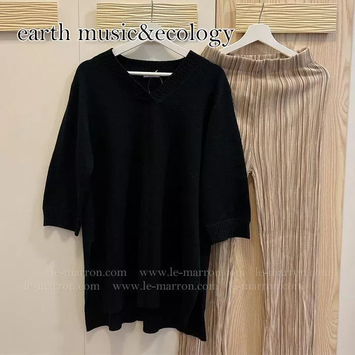 現貨│earth music & ecology 日單 前短後長 側邊開叉 黑色七分袖V領針織衫4405